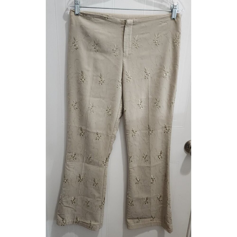Vtg Y2K Semisweet Women's Wide Leg Low Rise Pants‎ Embroidered Floral Beige 9/10